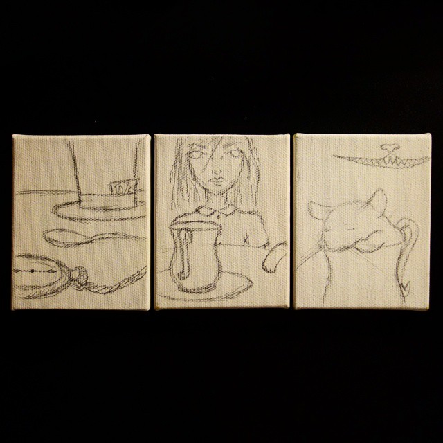 49: Three small canvases in a triptych depicting elements of a Mad Hatter's tea party