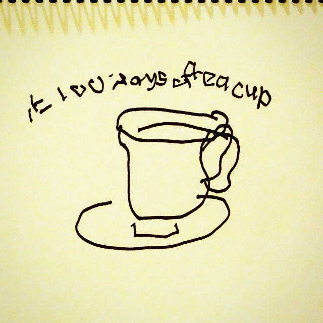 8: Rough abstract off-hand drawing of a teacup, black marker on white paper