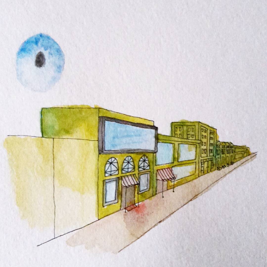 vanishing point perspective of a row of shops with a disembodied eyeball floating overhead